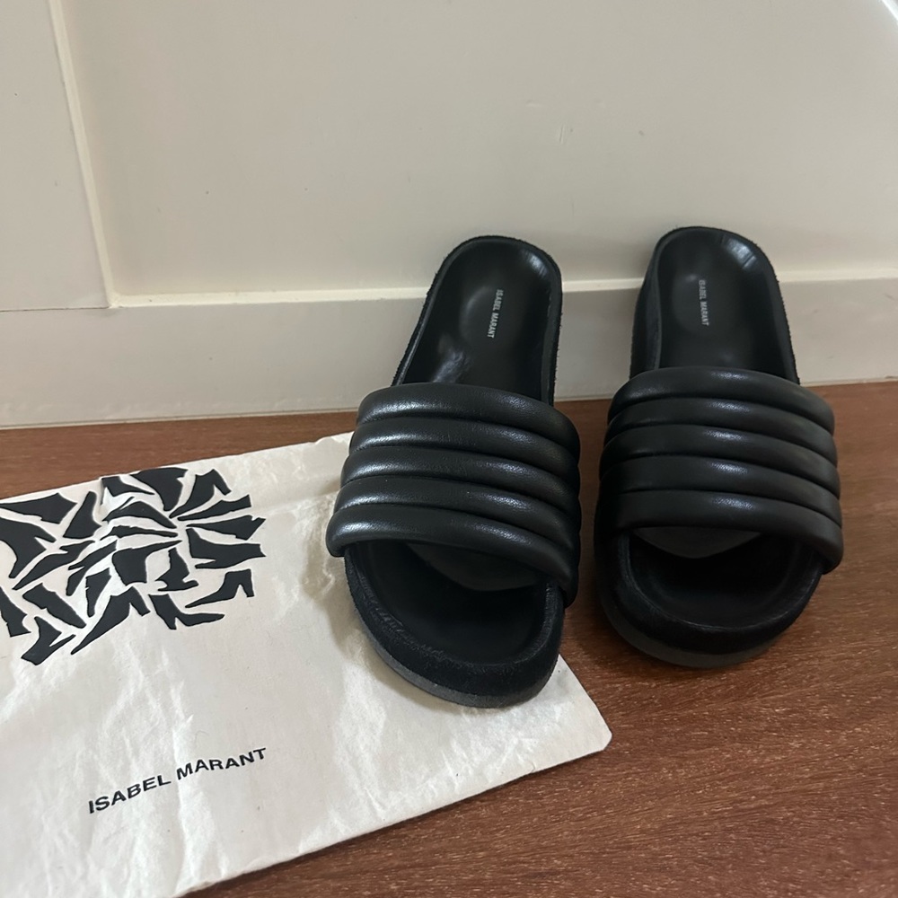 Isabel Marant Quilted Hellea Black Leather Slides - Picture 7 of 9